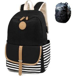 Large Capacity Stripe Backpack‎ with USB Charger Port for Teen Girls & Women